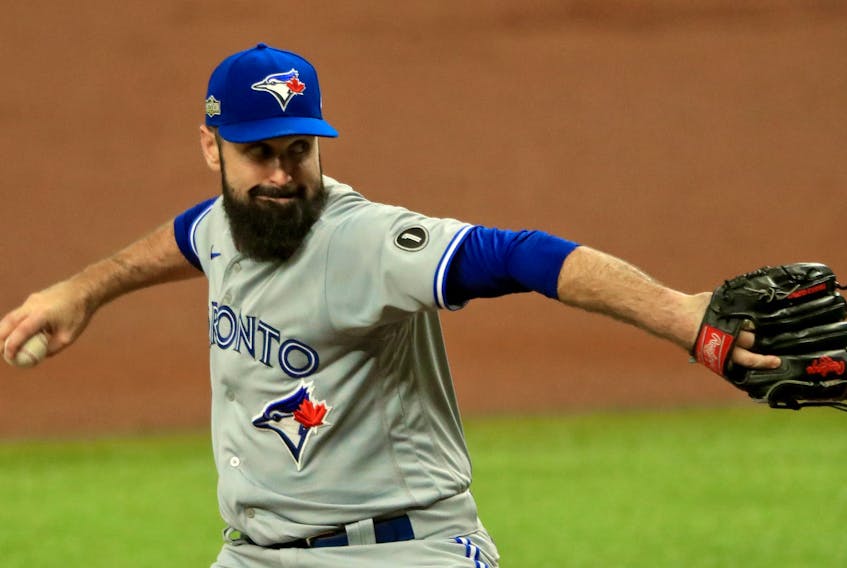 Blue Jays starting pitcher Matt Shoemaker delivers against the Rays during Game 1 of their American League Wild Card Series on Tuesday in St. Petersburg, Fla. Shoemaker was terrific through three innings, and then was removed from the game, as per his team's pre-determined game-plan. 