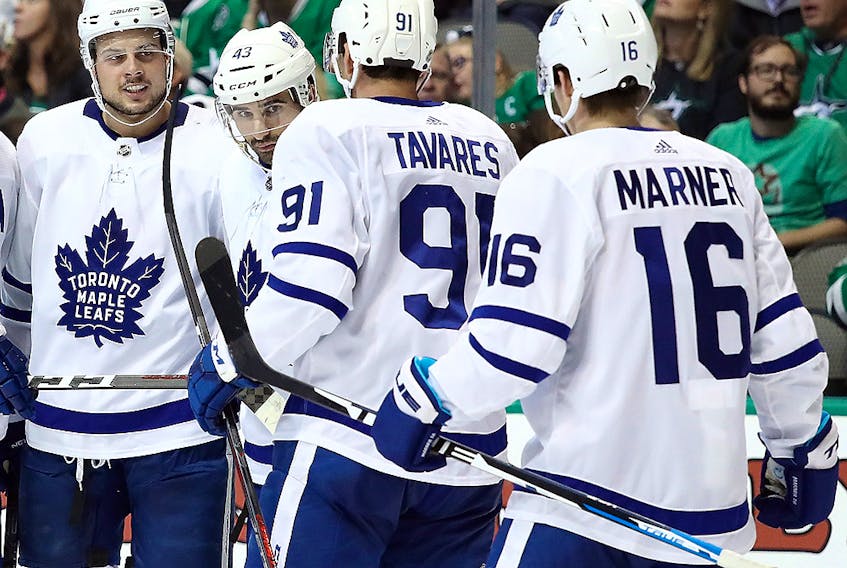  In this Oct. 9, 2018, file photo, (L-R) Auston Matthews, Nazem Kadri, John Tavares and Mitchell Marner of the Toronto Maple Leafs celebrate against the Dallas Stars at American Airlines Center in Dallas, Texas.