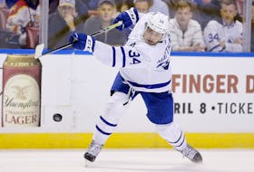 Maple Leafs centre Auston Matthews has 45 goals, tied with Alex Ovechkin and two behind league leader David Pastrnak. (Michael Reaves/Getty Images)