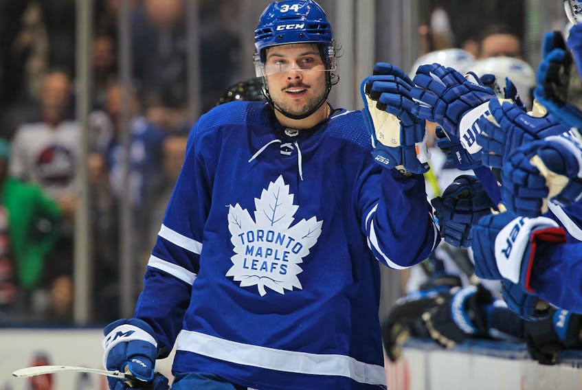 Centre Auston Matthews sat out the NHL all-star game’s on-ice events with a sore wrist but with be back in action for the Maple Leafs on Monday night against the Nashville Predators. (Claus Andersen/Getty Images)