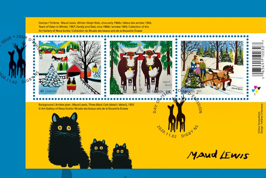 Three works by Nova Scotia folk artist Maud Lewis have been used for Canada Post's 2020 Christmas collection