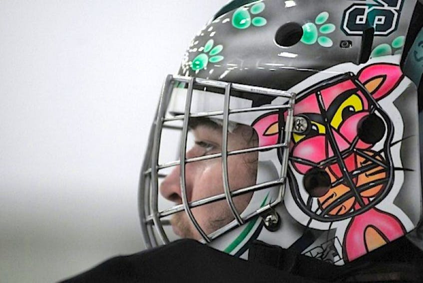 The Pink Panther adorns prominent spots on UPEI Panthers goalie Mavric Parks’ mask.