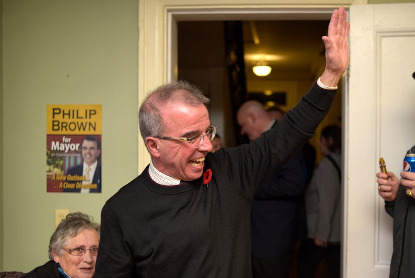 Philip Brown waves to supporters after arriving at his headquarters in Charlottetown on Monday, Nov. 5, 2018.