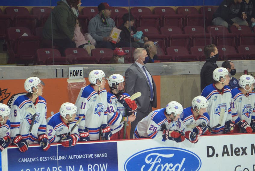 Summerside Western Capitals head coach Billy McGuigan is shown behind the team’s bench during a Maritime Junior Hockey League (MHL) game at Eastlink Arena against the South Shore Lumberjacks on Nov. 21.