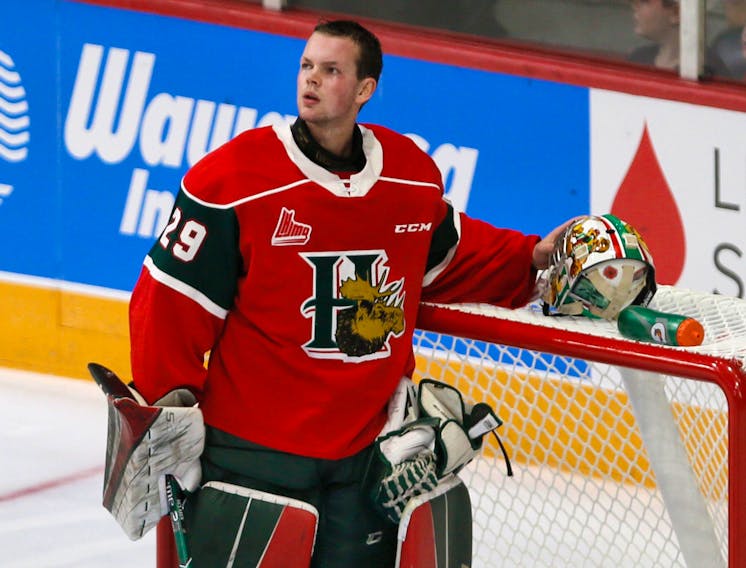 Halifax Mooseheads goalie Cole McLaren takes a quick break during Friday, Sept. 27, 2019's QMJHL game against the Charlottetown Islanders at the Scotiabank Centre.