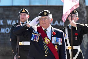 André Boudreau, of Royal Canadian Legion Branch 155 Wedgeport, salutes during a past event in Yarmouth honouring the Battle of Rimy Ridge. TINA COMEAU PHOTO