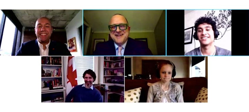 Prime Minister Justin Trudeau spoke online Wednesday with Spryfield Boys and Girls Club members Caleb MacLean, 16, Zoe Hickey, 8, Halifax MP Andy Fillmore and Henk van Leeuwen, CEO of the Boys and Girls Clubs of Greater Halifax.