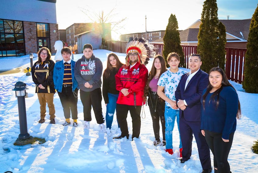 The Membertou Youth Council, pictured here, are hosting a pow wow at Sydney Academy as part of the school's Cultural Day on Feb. 21. School principal Kevin Deveaux said the day features multiple presentations from different members of Cape Breton's Mi'kmaq community. In this picture of the youth council, from winter 2020, are from left to right, Noah Matthews-Cremo, Dante Paul, Nevan Paul, Lexi Christmas, youth chief Jayden Paul, Eliah Marshall, Graham Basque, Silas Baccouche and Jada Paul. CONTRIBUTED