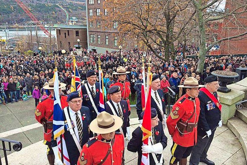 The Memorial Day commemorative ceremony at the National War Memorial, such as this one in 2016, usually attracts hundreds of people in downtown St. John's. However, the Royal Newfoundland Legion has cancelled the parade and has opted for scaled-down events across the province. — JOE GIBBONS/TELEGRAM FILE PHOTO