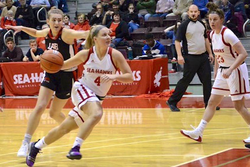 According to head coach Mark English, guard Jane Baird (4) is the engine propelling a Memorial Sea-Hawks women’s basketball team that enters weekend as the AUS conference leader. — Memorial Athletics photo