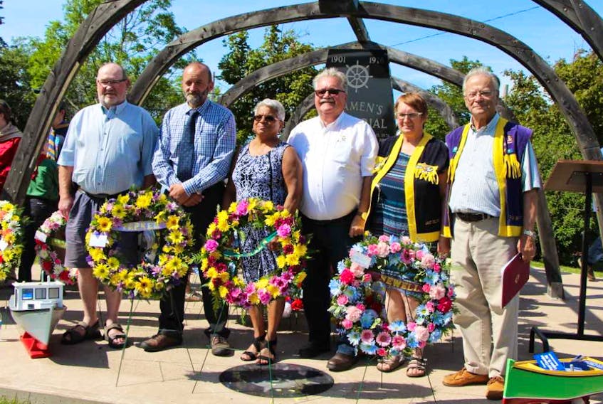 Participants in the 42nd annual Seamen’s’ Memorial Service in Canso included Municipality of the District of Guysborough (MODG) councillor Fin Armsworthy (left), Municipality of the District of St Mary’s Warden Mike Mosher, MODG Deputy Warden Sheila Pelly, Guysborough-Eastern Shore-Tracadie MLA Lloyd Hines, Canso Lions King Lion Janet DeLorey and Lion Ray White. Judy White photo