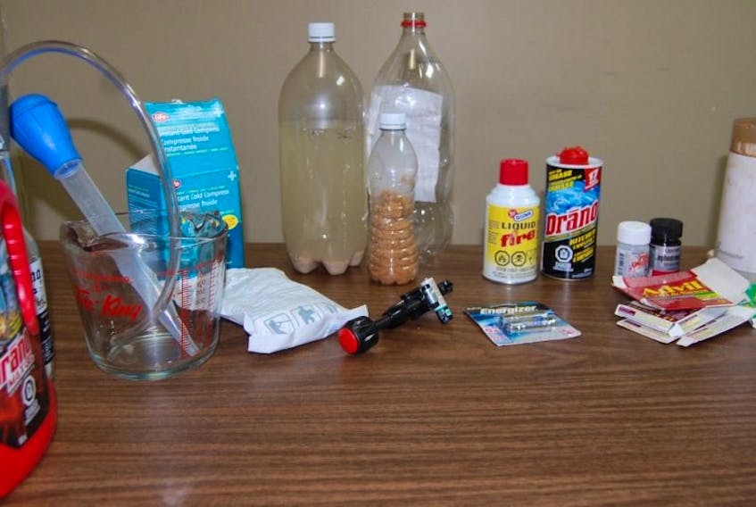 The items used for what Cpl. Andy Cook, head of the Prince District JFO Drug Unit, called a “backpack meth lab.” These are not the items that were seized in Thursday’s search of a Summerside home.
