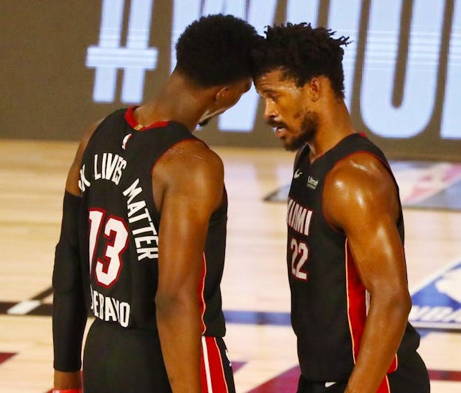 The upstart Miami Heat have plenty of depth, but outside of Jimmy Butler (right) and Bam Adebayo they aren’t anywhere close to matching the Lakers’ star power. USA TODAY