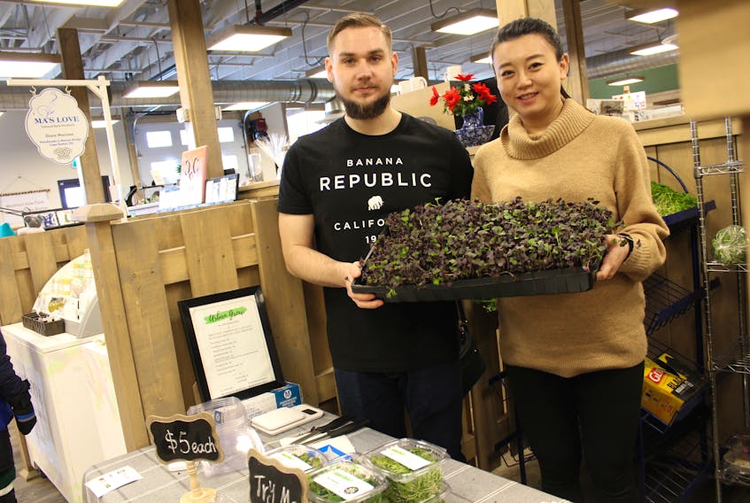 Daniil Titov and Kalie Wang started their business Urban Grow microgreens last fall. In December, they launched at the Cape Breton Farmers’ Market and will soon be reaching customers through the Cape Breton Food Hub. ERIN POTTIE/CAPE BRETON POST