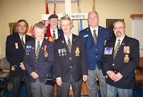 The Middleton branch of the Royal Canadian Legion has served the needs of veterans and their families, as well as the wider community, for 100 years. Present at the recent anniversary celebration and annual awards night were, front row, from left, Past-President Dianne Legard; President Wallace Lewis; and Ed Eby, Past Executive. Back row, Secretary Kerry McMillan; Sgt-at-Arms Gordon Bent; and Don Stansbury, Poppy Chairman. PAUL PICKREM
