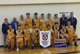 The Middleton Monarchs boys earned their place in Middleton Regional High School’s history books with a provincial championship win in Amherst March 8. 
Back row: Paul Shaffner, Greg Bower, Damien Gero, Adam Wentzell, Noah Bezanson, Hayden Wilkinson, Evan Naugler, Keaton Muise, John MacDonald and Quinn VandenHeuvel.
Front row: George Beers, Keigan Neilson, Tyler Baker, Alex Smith, Dan Bower, John Chillman, Morgan Good, Rob Bower and Kris Hampton.
CONTRIBUTED
