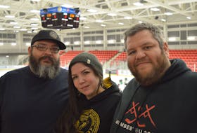 J.R. Isadore, left, Paulina Meader and Michael Isadore, right, are siblings who help organize the Wally Bernard Memorial Youth Hockey Tournament in honour of their grandfather. The tournament has been cancelled due to concerns surrounding COVID-19. OSCAR BAKER III/LOCAL JOURNALISM INITIATIVE REPORTER