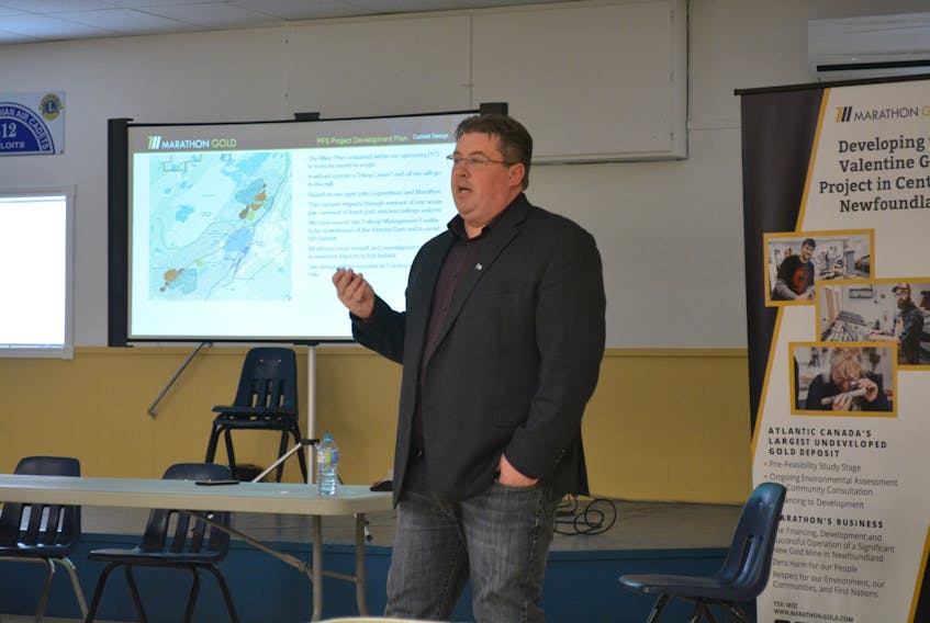 Marathon Gold director of environment and stakeholder engagement Jamie Powell speaks to a group of people in Bishop’s Falls during a public information session on Feb. 7. NICHOLAS MERCER/THE CENTRAL VOICE