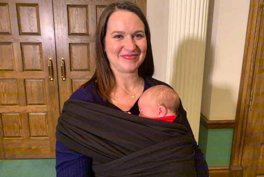 Service NL Minister Sarah Stoodley brought 13-day-old Alexander Jeffery George Stubley into the House of Assembly on Monday. Stubley was very well behaved for his first time in the legislature, spending Question Period sleeping soundly on his mother's chest. 