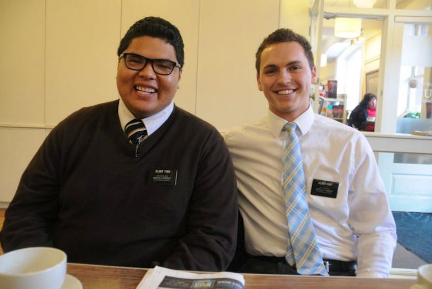 Davies Tusa (left) and Dallin Hunt are missionaries from the Church of Jesus Christ of Latter-Day Saints who have put their lives on hold for two years to do their missionary work. Colin MacLean/Journal Pioneer