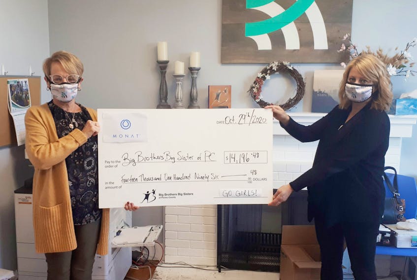 Monat Canada recently made a donation to Big Brothers Big Sisters of Pictou County. Holding the cheque are Margie Grant-Walsh, executive director (left) and Karen Vaughan, program manager. CONTRIBUTED