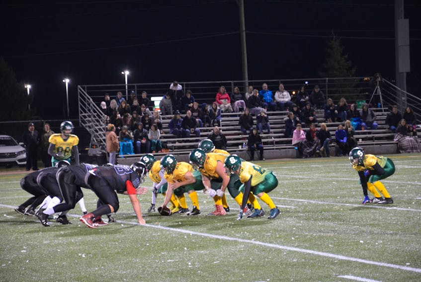 The Summerside Clippers’ offence is ready to snap the ball during first-half action in Friday night’s P.E.I. Varsity Tackle Football League game against the Souris Wildcats. The host Clippers blanked the Wildcats 51-0 at Eric Johnston Field.