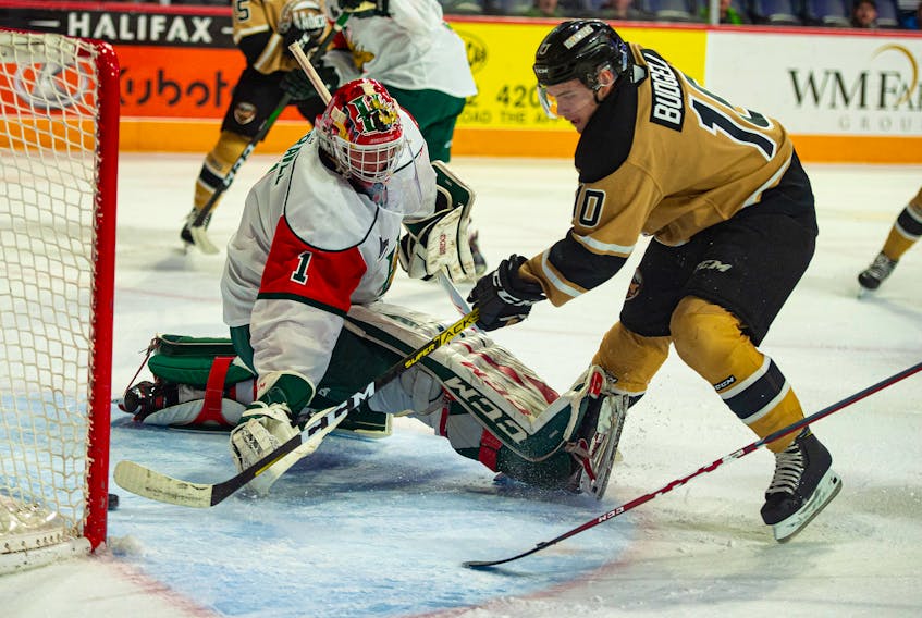 Charlottetown Islanders' Brett Budgell scores on Halifax Mooseheads goalie Alex Gravel during the first period of Tuesday night's QMJHL game at the Scotiabank Centre.
Ryan Taplin - The Chronicle Herald