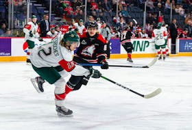 Halifax Mooseheads defenceman Olivier Desroches passes the puck during a Feb. 22 QMJHL game against the Rouyn-Noranda Huskies at the Scotiabank Centre. (TREVOR MACMILLAN/QMJHL)
