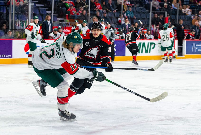 Halifax Mooseheads defenceman Olivier Desroches passes the puck during a Feb. 22 QMJHL game against the Rouyn-Noranda Huskies at the Scotiabank Centre. (TREVOR MACMILLAN/QMJHL)