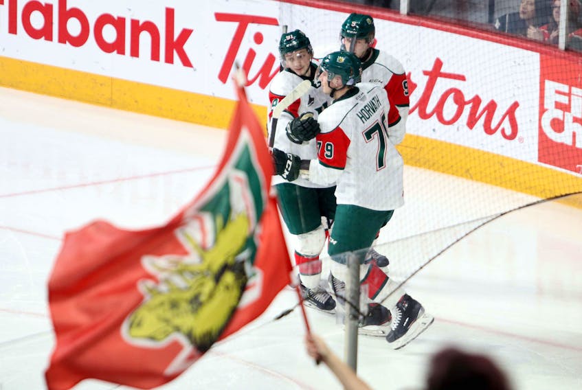 The Halifax Mooseheads celebrate after scoring against the Shawinigan Cataractes during a Feb. 1 game at the Scotiabank Centre. (ERIC WYNNE/Chronicle Herald)
