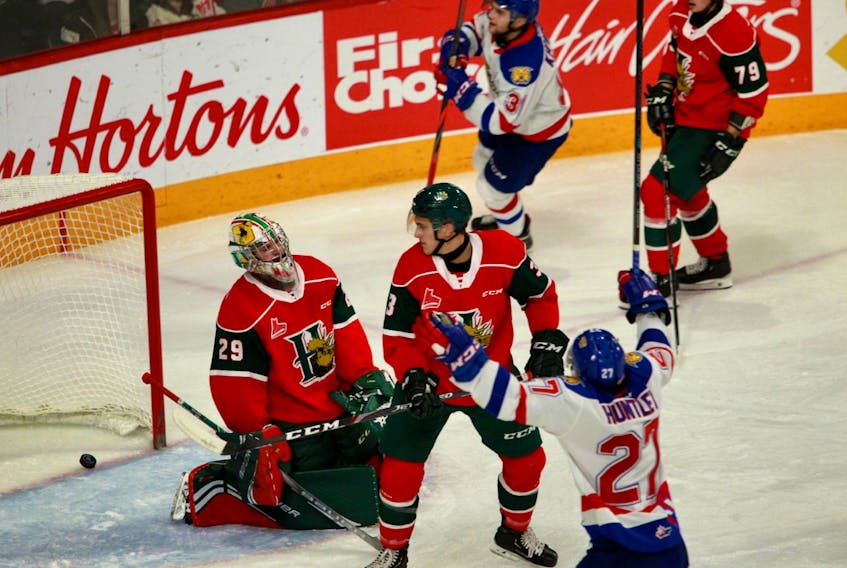 Halifax Mooseheads goalie Cole McLaren and defenceman Walter Flower react to a goal by Moncton Wildcats winger Alexander Khovanov during Saturday's QMJHL game at the Scotiabank Centre. (TIM KROCHAK/Chronicle Herald)