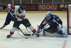 Halifax Mooseheads forward Zachary L'Heureux tries to corral the puck for a shot in front of Saint John Sea Dogs goalie Carmine-Anthony Pagliarulo during a QMJHL pre-season game at the RBC Centre in Dartmouth on Saturday. (WILLY PALOV/Chronicle Herald)