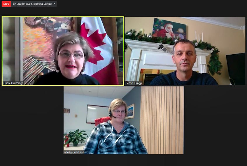 MP Gudie Huthchings, Derrick Bragg, provincial minister of Transportation and Infrastructure, and College of the North Atlantic president Liz Kidd participate in an infrastructure funding announcement via Zoom on Thursday.