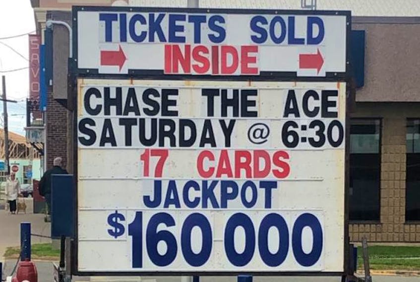 The first Chase the Ace fundraising event at the Royal Canadian Legion branch 3 in Glace Bay not only raised thousands for the organization — it also helped increase membership. This sign was in place the day the jackpot was won by Johnny May of Glace Bay, who took home a total of $188,888. CONTRIBUTED/FACEBOOK 