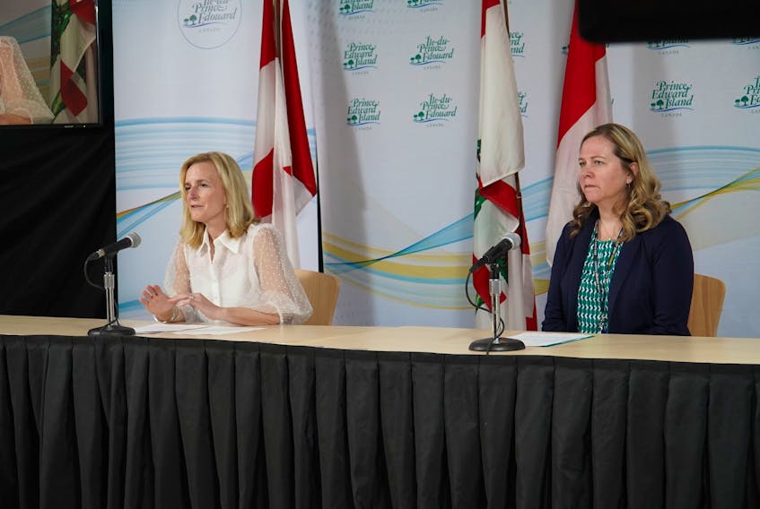 P.E.I. Chief Health Officer Dr. Heather Morrison, left, and Marion Dowling, Health P.E.I’s chief of nursing, allied health and patient experience speak to media during a briefing on Monday, March 30.