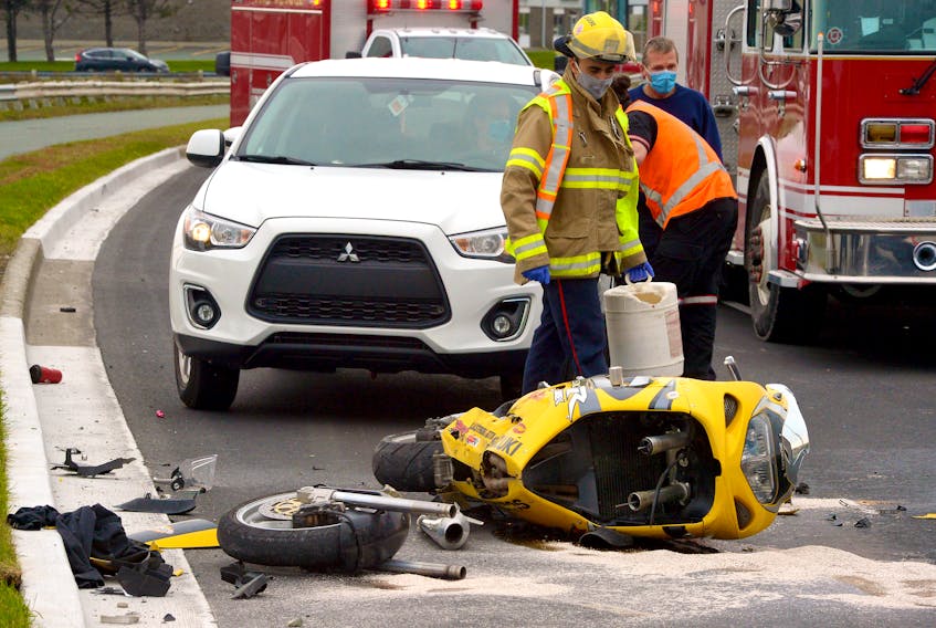One man was sent to hospital following a motorcycle/vehicle collision in St. John's Sunday afternoon. Keith Gosse/The Telegram