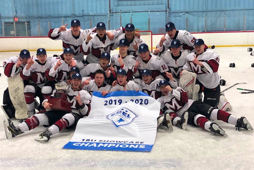 The Mount Academy Saints under-18 hockey team won the East Coast Elite League under-18 showcase championship in Massachusetts. Front row, from left, are Sasha Charbonneau, Laurin Liniger, Nicolas Fonicolo, Étienne Bureau, Kayden Macleod and Tio D’addario. In the second row are Carter Champion, Maguire Nickerson, James MacCara, Yutaro Sasaki, Anthony Rivard, Julian Larose, Jesse McGrath and Alex Condon. In the third row are Vince Greco, Brayden Uluqsi, Lauren Hess and Sam MacFarlane. Missing are coaches Cody Anthony and Olivier Filion, as well as goalie coach Nelson MacAulay.
