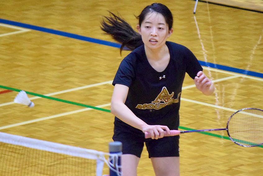 Suzuha Tanaka of the Mount Allison Mounties competes in the afternoon draw at the Canadian Collegiate Athletic Association badminton championship on Thursday at Dalhousie Agricultural Campus, near Truro, N.S. Tanaka split matches on the opening day of the event, defeating Sarah Fortin of the Universite Sainte Anne Dragons 21-14, 21-10, before falling 13-21, 8-21 to Rachel Wong of the University of Toronto Mississauga.