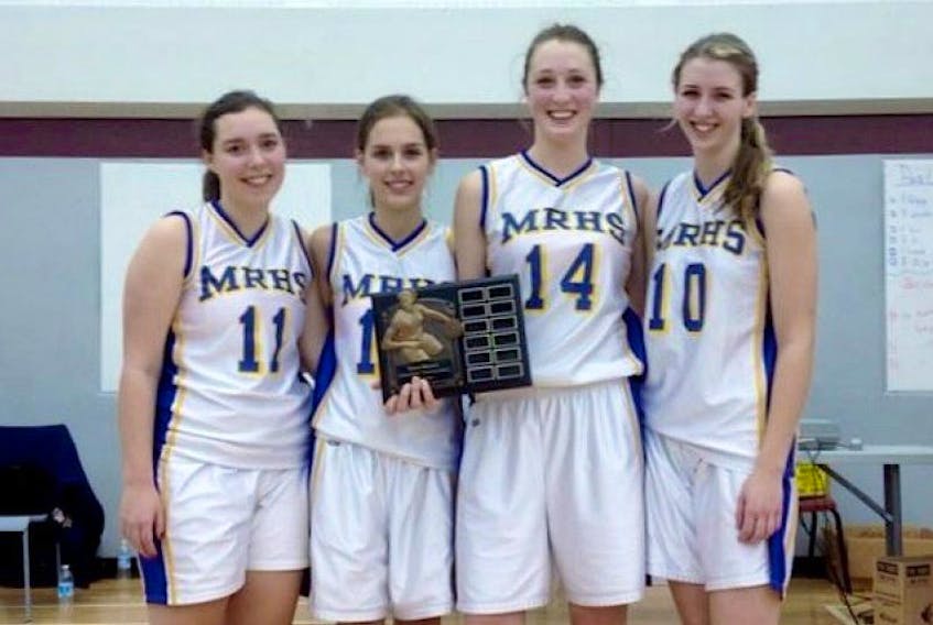 MRHS Monarchs’ team captains Kyra Britney, Eden Burke, Lauren Wentzell, and Erica Theisen accept the Steve Brewer Memorial plaque recently.&nbsp; The team defeated Park View 59-55 in the championship game.