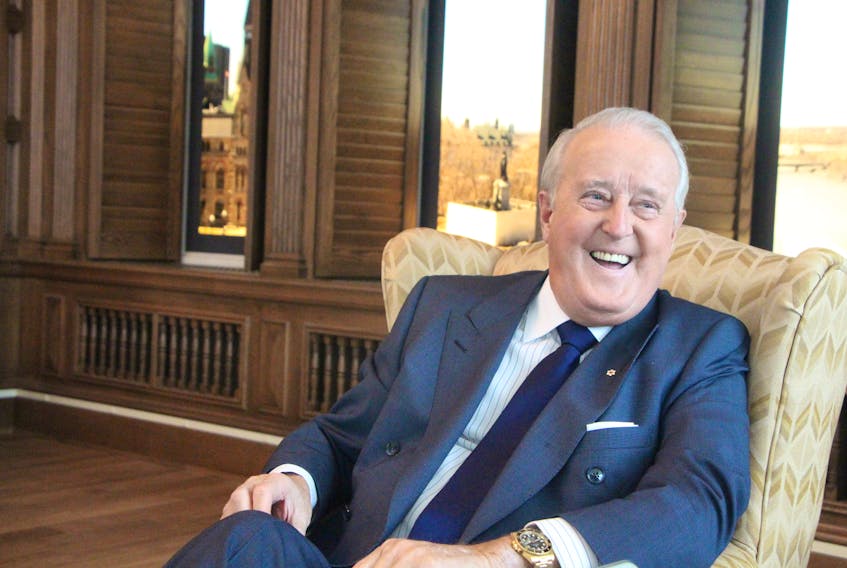 Brian Mulroney answers questions from reporters on the day before the official opening of the Brian Mulroney Institute of Government and Mulroney Hall on the St. F.X. campus. The conversations took place in a replica of the Parliament Hill office he occupied during his nine years as Prime Minister of Canada, including the views.