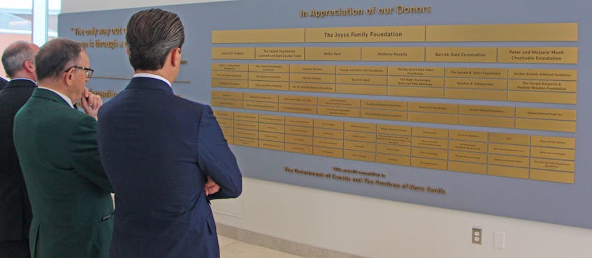 The donor wall that honours contributors to the fundraising campaign for the Brian Mulroney Institute of Government and Mulroney Hall on the St. F.X. campus. - Corey LeBlanc