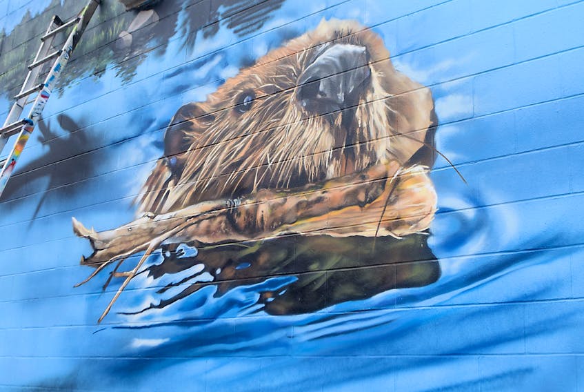 A beaver is one of the amazing mural images that graces this outside wall at the 5 Cents to 1 Dollar Store in Antigonish.