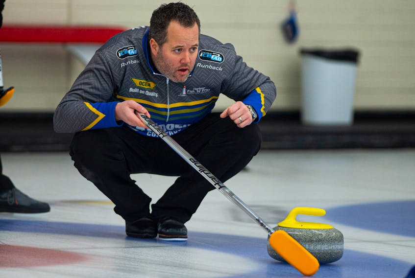 Skip Jamie Murphy instructs his sweepers during the Nova Scotia Tankard final against Kendal Thompson's rink at the Dartmouth Curling Club on Jan. 26,.
Ryan Taplin - The Chronicle Herald