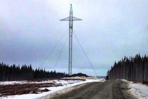 ['The first of 1,938 towers to be erected on the island for the Labrador-Island Link. The tower was installed near Plum Point on the Northern Peninsula of Newfoundland.']