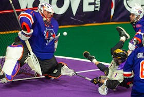 Halifax Thunderbirds goalie Warren Hill makes a first half save on San Diego Seals forward Casey Jackson during and NLL game at the Scotiabank Centre last season. The NLL is planning on their season in April 2021. Ryan Taplin - The Chronicle Herald