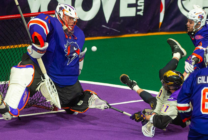 Halifax Thunderbirds goalie Warren Hill makes a first half save on San Diego Seals forward Casey Jackson during and NLL game at the Scotiabank Centre last season. The NLL is planning on their season in April 2021. Ryan Taplin - The Chronicle Herald