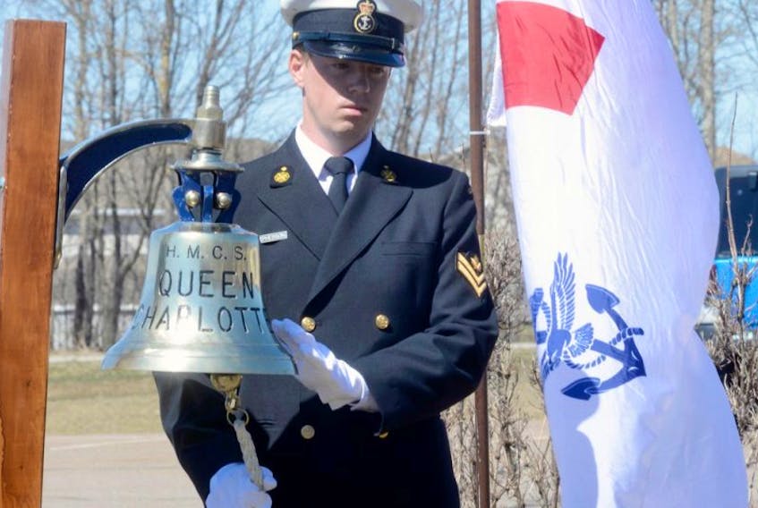 <p>HMCS Queen Charlotte Master Seaman David MacPherson rings a bell to signify a Canadian ship and crew that was lost during the Second World War. The bell was rung 31 times during a ceremony commemorating Canadian participation in the Battle of the Atlantic at the cenotaph in Stratford on Sunday.</p>
<p>&nbsp;</p>