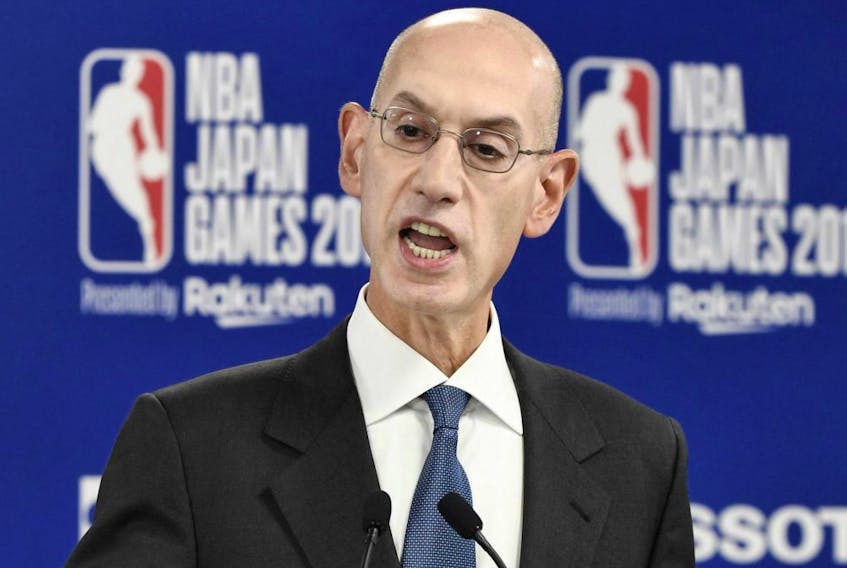  NBA Commissioner Adam Silver speaks during a news conference at Saitama Super Arena in Saitama, Japan October 8, 2019, in this photo taken by Kyodo.