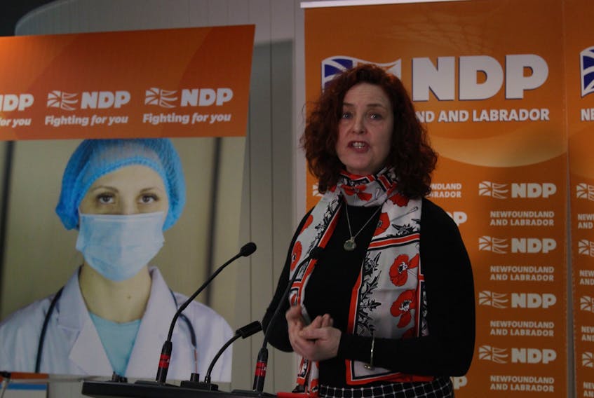 NDP Leader Alison Coffin speaks at NDP headquarters in downtown St. John's on Thursday. Andrew Waterman/The Telegram