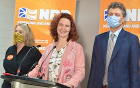 NDP Leader Alison Coffin (centre) announced the party's continued support for a $15 minimum wage Monday. WIth her are Jenn Deon, who is running in Virginia Waters-Pleasantville and Gavin Will,  candidate for Conception Bay-East Bell Island. BARB SWEET/THE TELEGRAM